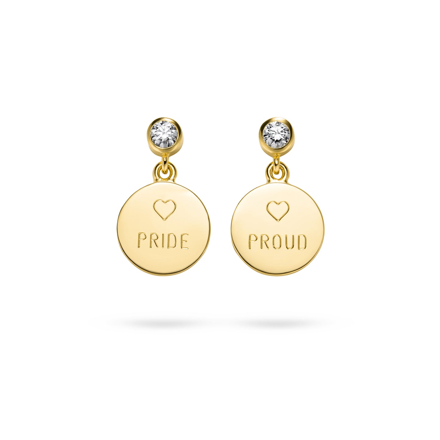Gelbgoldener Ohrhänger mit Gravur „Pride Proud“ & Diamant – nachhaltiger Statement-Schmuck aus Hamburg