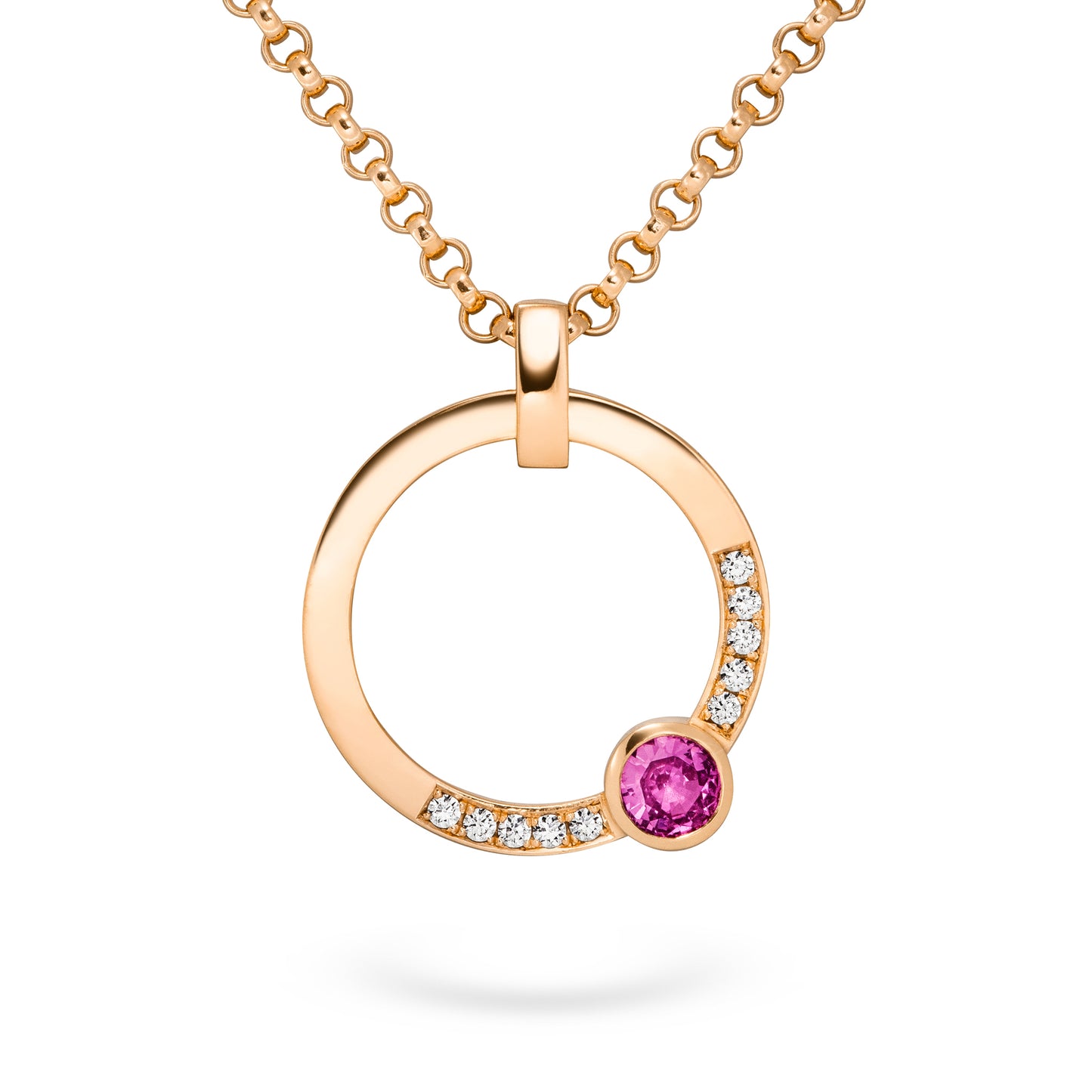 GoldKette mit pinkem Saphir und weissen ethischen Diamanten in Roségold Fairmined Eco