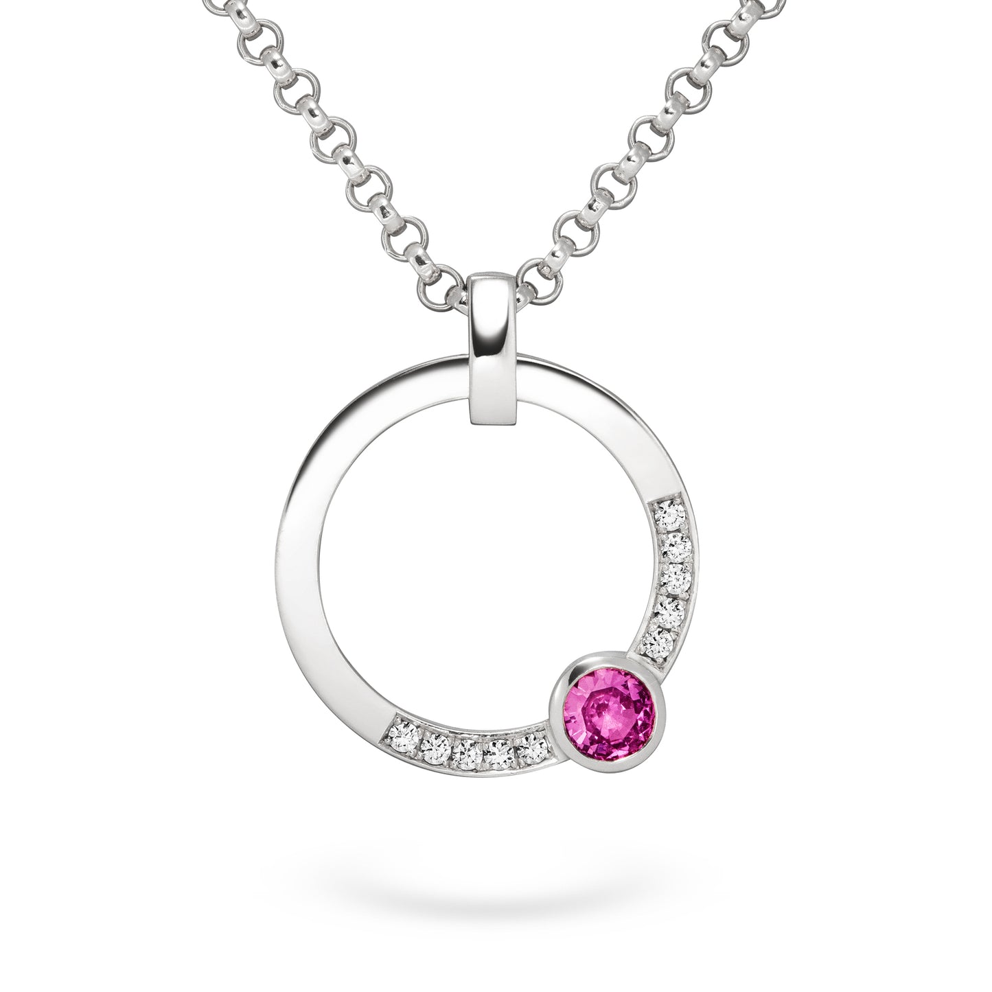GoldKette mit pinkem Saphir und weissen ethischen Diamanten in Weissgold Fairmined Eco
